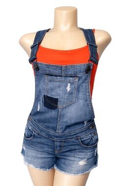GUESS Denim Short Overalls Size S Distressed Y2K Festival Summer Jean Romper